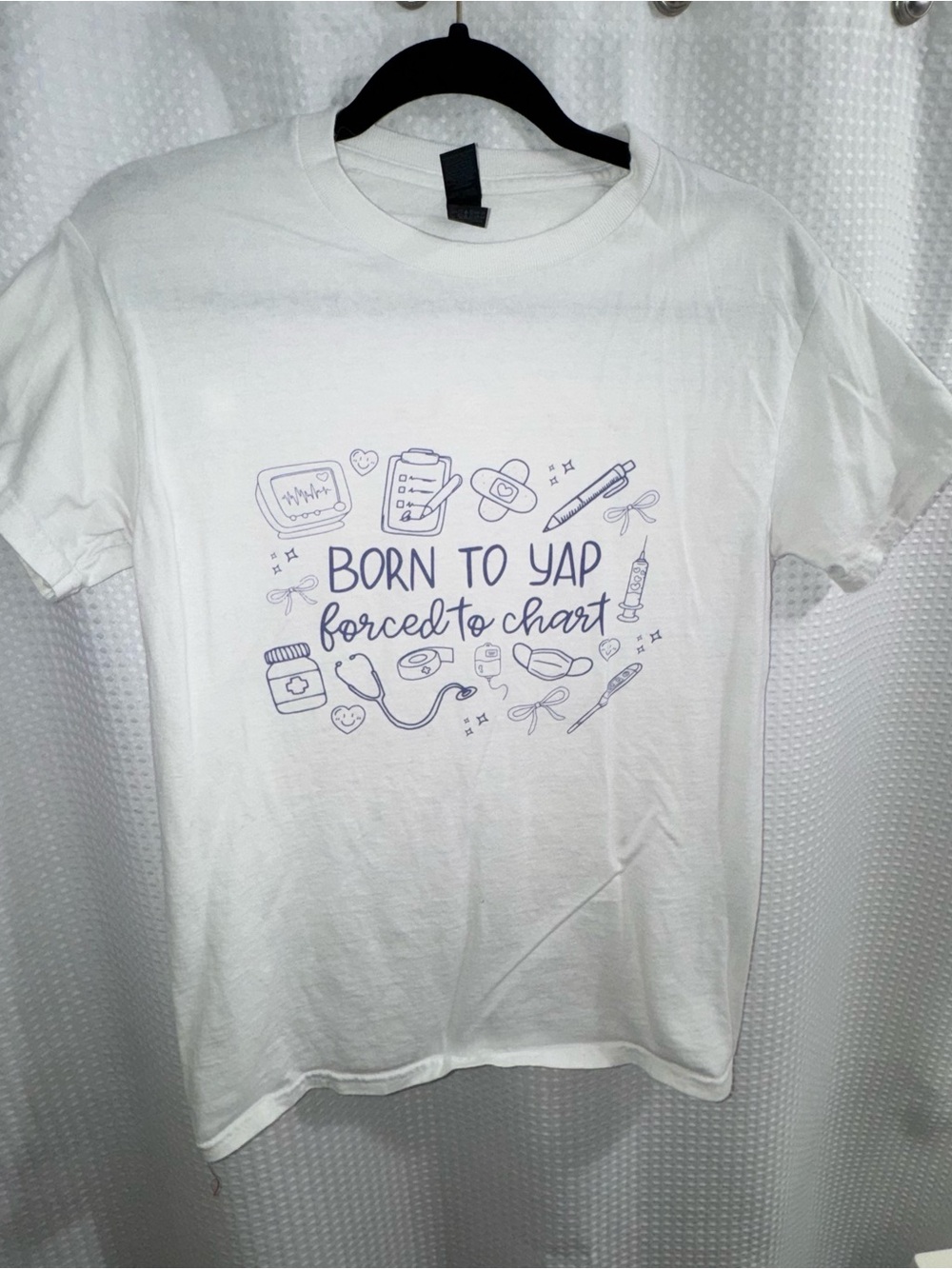Gildan White Tee with Lavender Graphic "Born to Yap Forced to Chart"